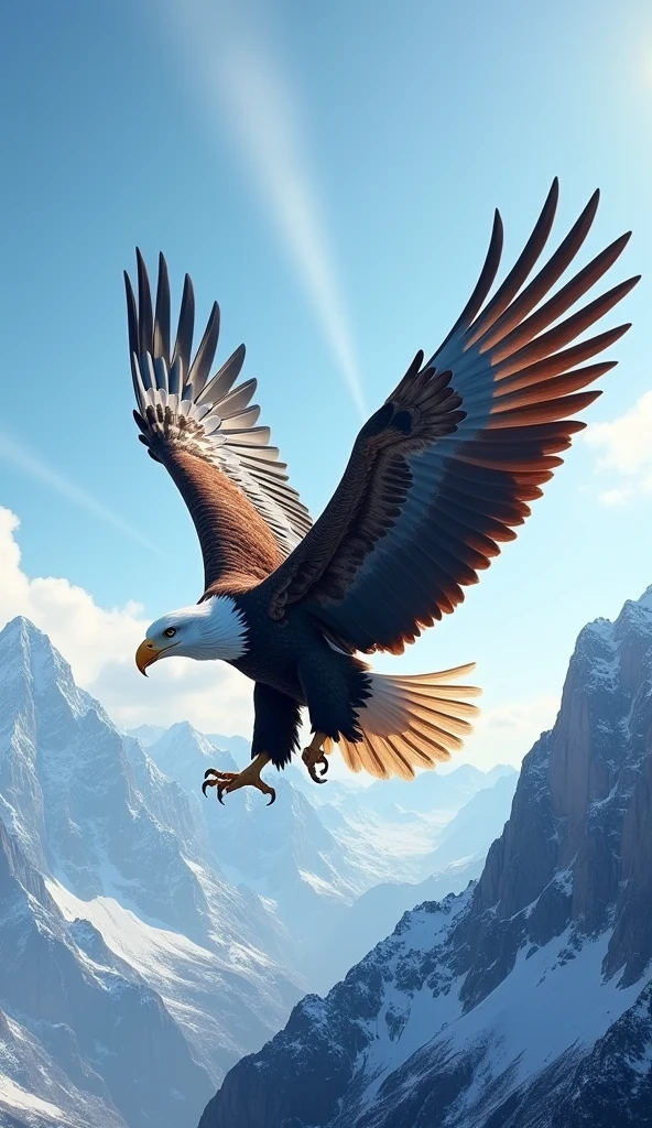Ultrarealistic 8k Image, Eagle of Overcoming: "An eagle in full flight high above a snow-capped mountain range, with open and imposing wings. The clear blue sky highlights her silhouette as she flies with grace and power., symbolizing freedom and overcoming. Rays of sunlight pierce through the clouds, illuminating your path."