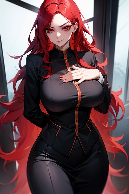 This character is a woman with an imposing and captivating appearance. She has long, flamboyant red hair that falls elegantly over her shoulders and down her back. eyes are an intense red, adding an aura of mystery and danger. She has a pale complexion and fine facial features, with lips often drawn into a slight, enigmatic smile. She wears a sophisticated outfit, probably a dark uniform or suit, which reinforces her professional and serious appearance. posture is straight and confident, exuding unwavering confidence.