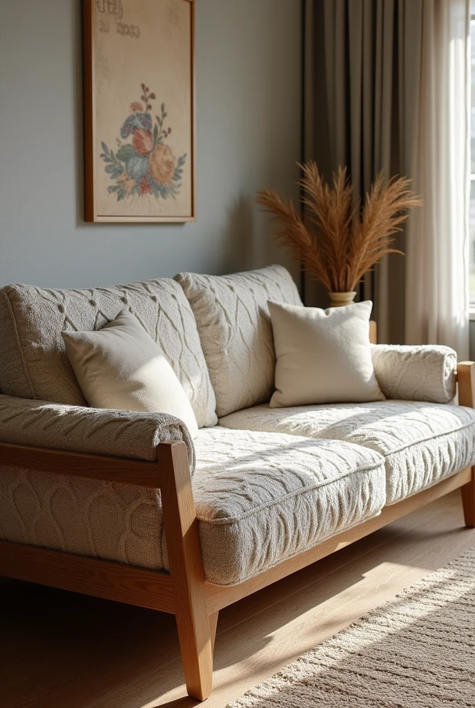 Create a comfortable sofa, with wood and upholstery made of knitting or crochet that resembles a grandmother&#39;s sofa, a sofa that is also very modern Enlarge this image 
