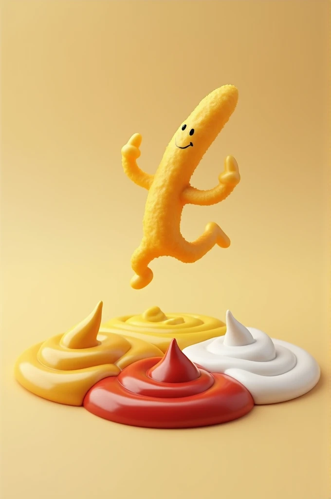 A number 5 French fry jumping into a pool of sauces