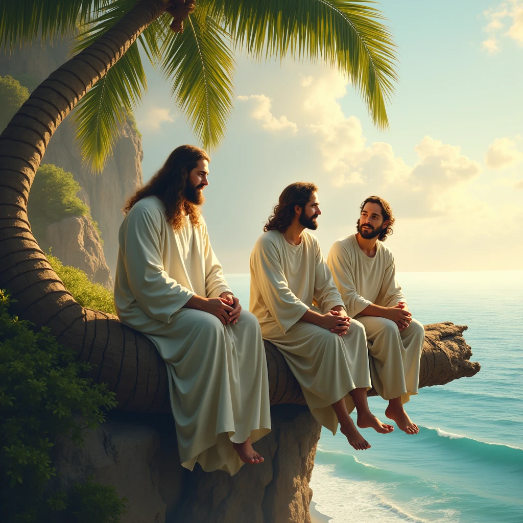 "Depict God, Jesus, and a man sitting together on a large, fallen palm tree trunk at the edge of a cliff. The cliff overlooks a vast, serene ocean, with the sky painted in soft hues of sunrise or sunset. God is portrayed as a majestic figure with a wise and gentle expression, while Jesus has a peaceful and welcoming demeanor. The man, sitting between them, appears reflective and content. The environment is calm and sacred, with the vast ocean below symbolizing infinity and the divine."
