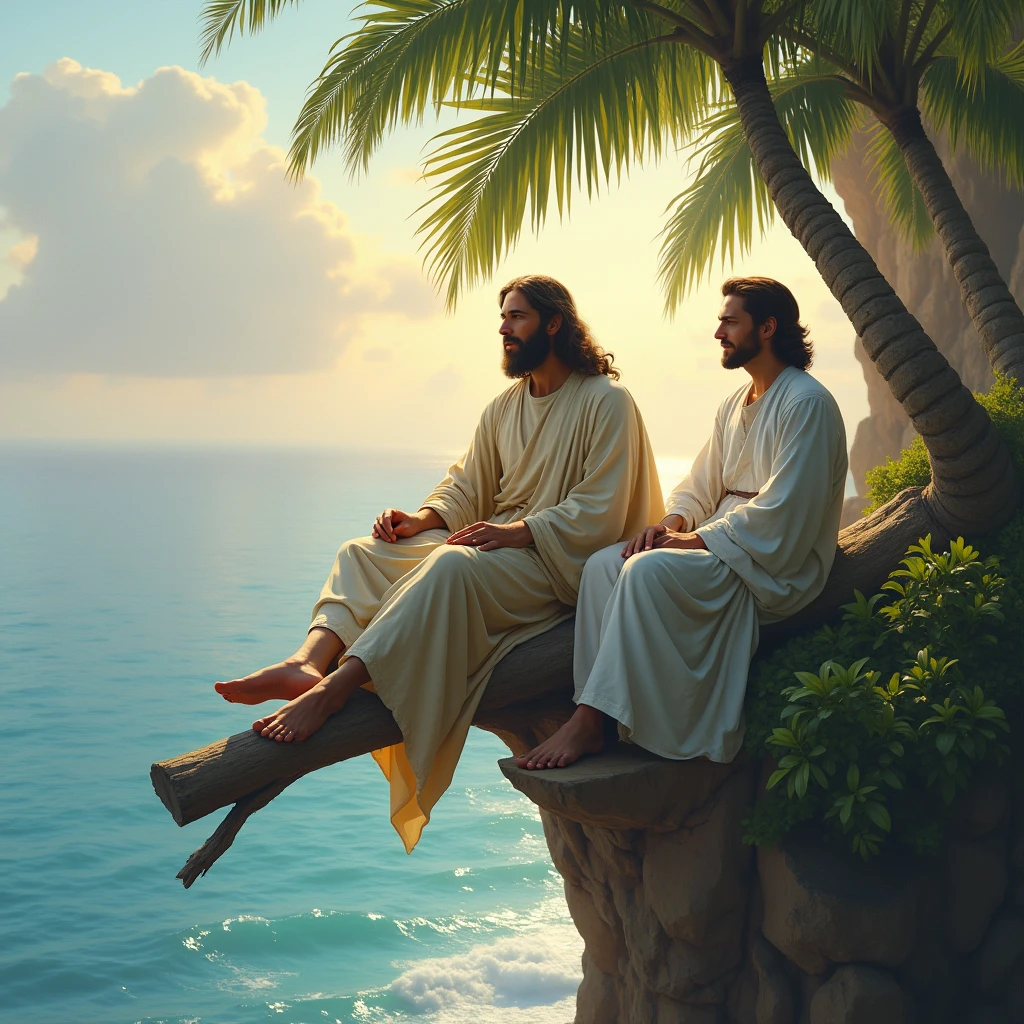 "Depict God, Jesus, and a man sitting together on a large, fallen palm tree trunk at the edge of a cliff. The cliff overlooks a vast, serene ocean, with the sky painted in soft hues of sunrise or sunset. God is portrayed as a majestic figure with a wise and gentle expression, while Jesus has a peaceful and welcoming demeanor. The man, sitting between them, appears reflective and content. The environment is calm and sacred, with the vast ocean below symbolizing infinity and the divine."