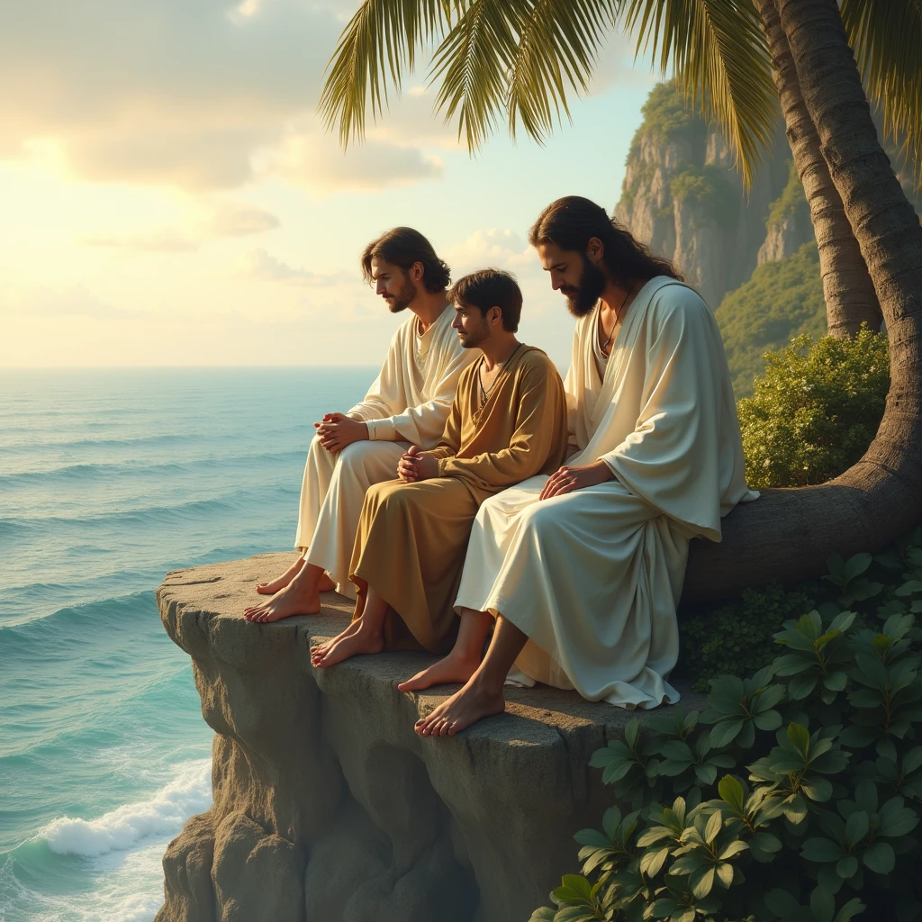 "Depict God, Jesus, and a man sitting together on a large, fallen palm tree trunk at the edge of a cliff. The cliff overlooks a vast, serene ocean, with the sky painted in soft hues of sunrise or sunset. God is portrayed as a majestic figure with a wise and gentle expression, while Jesus has a peaceful and welcoming demeanor. The man, sitting between them, appears reflective and content. The environment is calm and sacred, with the vast ocean below symbolizing infinity and the divine."