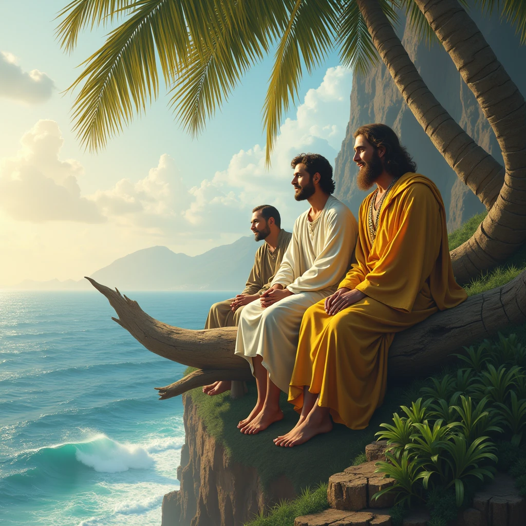 "Depict God, Jesus, and a man sitting together on a large, fallen palm tree trunk at the edge of a cliff. The cliff overlooks a vast, serene ocean, with the sky painted in soft hues of sunrise or sunset. God is portrayed as a majestic figure with a wise and gentle expression, while Jesus has a peaceful and welcoming demeanor. The man, sitting between them, appears reflective and content. The environment is calm and sacred, with the vast ocean below symbolizing infinity and the divine."