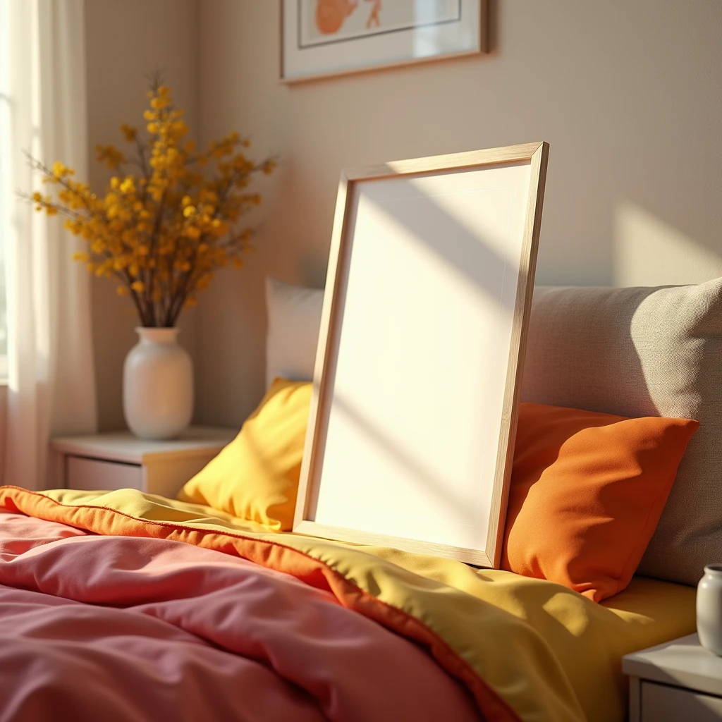 A hyper-realistic HDR bedroom scene with a serene yet vibrant atmosphere. The focus is on a vertical A4 frame with a blank white canvas, placed on a nightstand beside a cozy, well-lit bed. The bed is dressed in bright, colorful linens that complement the cheerful tones of the room. Morning light pours through the windows, filling the space with warmth and casting gentle shadows on the blank canvas. The overall feeling is one of comfort and creativity, inviting personal touches in this bright and peaceful bedroom.