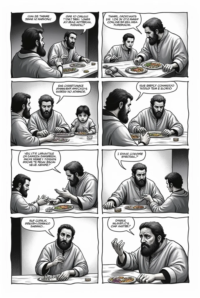 Comic strip of Lazarillo de Tormes with the squire when Lazarillo is eating with the squire in his house and they have a dialogue