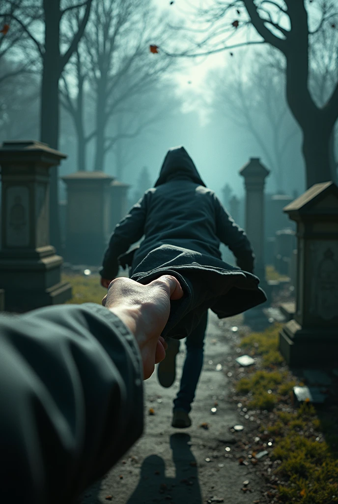 Hand pulling a jacket of someone who is running in a cemetery 