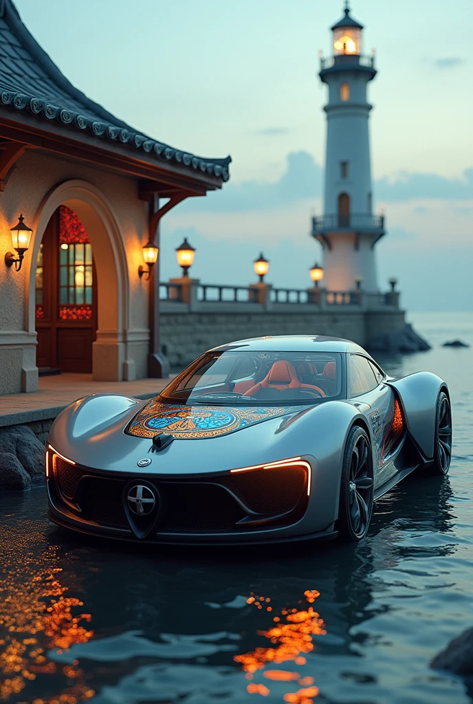 Car with a rudder instead of a steering wheel, sofa seats, solar lamps in lighthouses, tiles on the roof, stained glass in the windows.