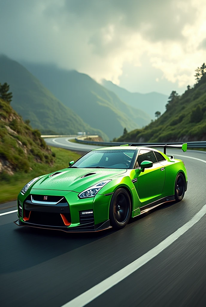 Green Nissan GTR r35 and a green porche gtr3 on the side