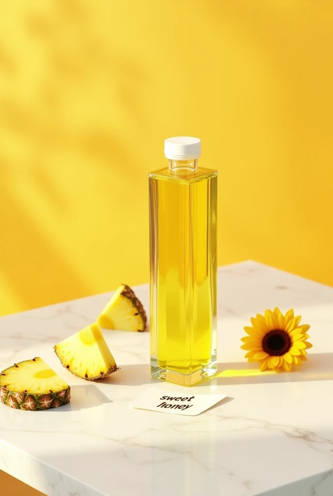 Yellow background with a white quartz table with a square glass bottle and a light yellow liquid, with pineapple pieces around it, the weak one would be positioned to the side with some sunflowers, With a white Sweet Honey office sticker, below Pineapple Oil