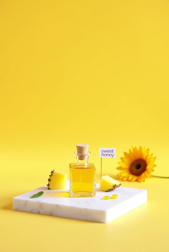 Yellow background with a white quartz table with a square glass bottle and a light yellow liquid, with pineapple pieces around it, the weak one would be positioned to the side with some sunflowers, With a white Sweet Honey office sticker, below Pineapple Oil