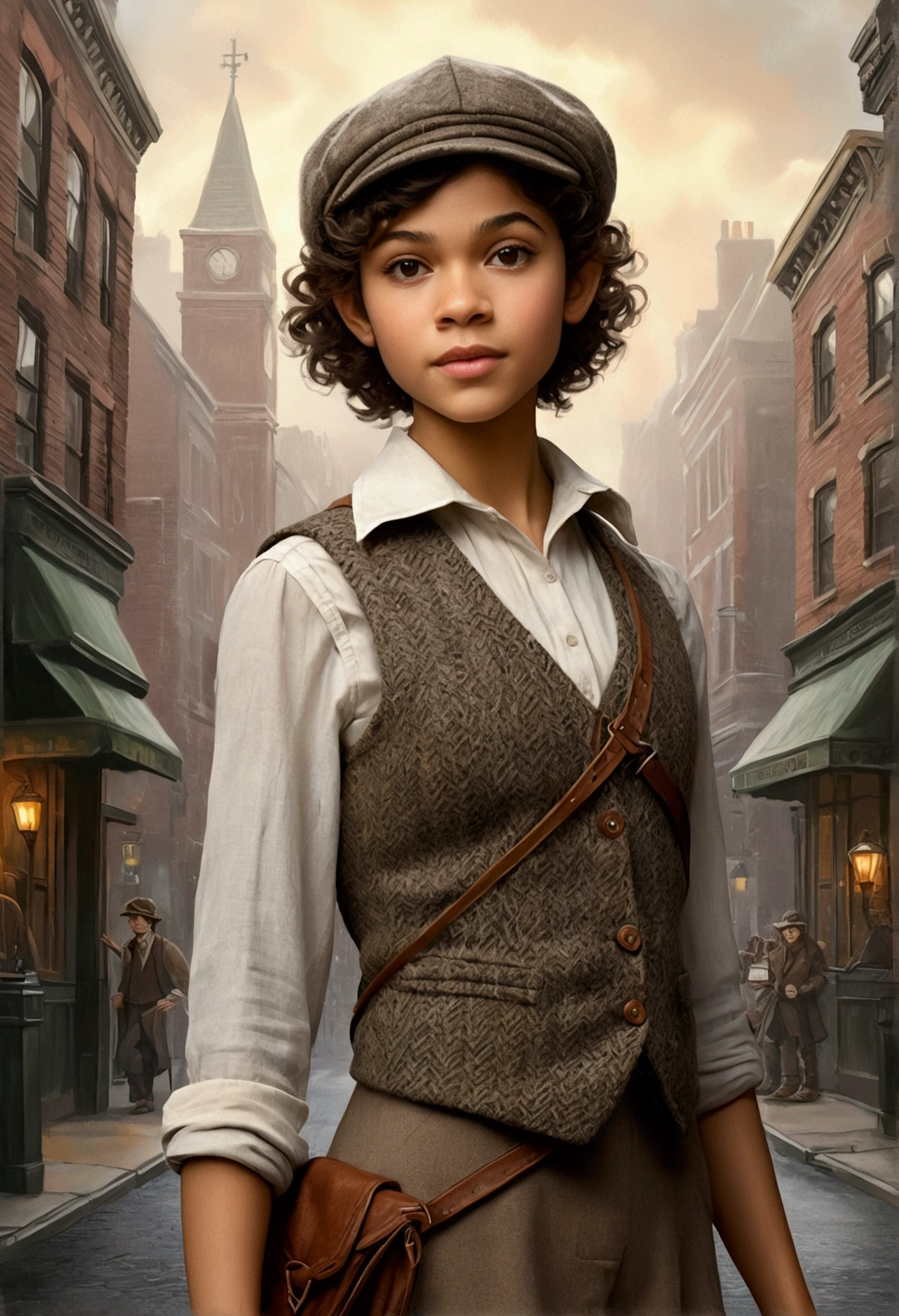 An illustrated movie poster, hand-drawn, full color, a age elven girl, wearing a tweed vest and a newsie cap, athletic hourglass figure, long pointy elf ears, dark hair, curly bob cut, warm almond skintone, freckles, resembles Zendaya, standing on a foggy victorian-era street corner, graphite shading, stencil marks, airbrushed acrylic paint, masterpiece, in the style of the Sherlock Holmes, elf ears