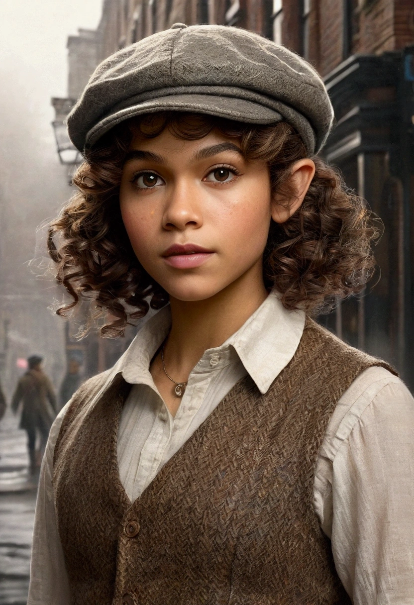 An illustrated movie poster, hand-drawn, full color, a teenage elven girl, wearing a tweed vest and a newsie cap, athletic hourglass figure, long pointy elf ears, dark hair, curly bob cut, warm almond skintone, freckles, resembles Zendaya, standing on a foggy victorian-era street corner, graphite shading, stencil marks, airbrushed acrylic paint, masterpiece, in the style of the Sherlock Holmes, elf ears