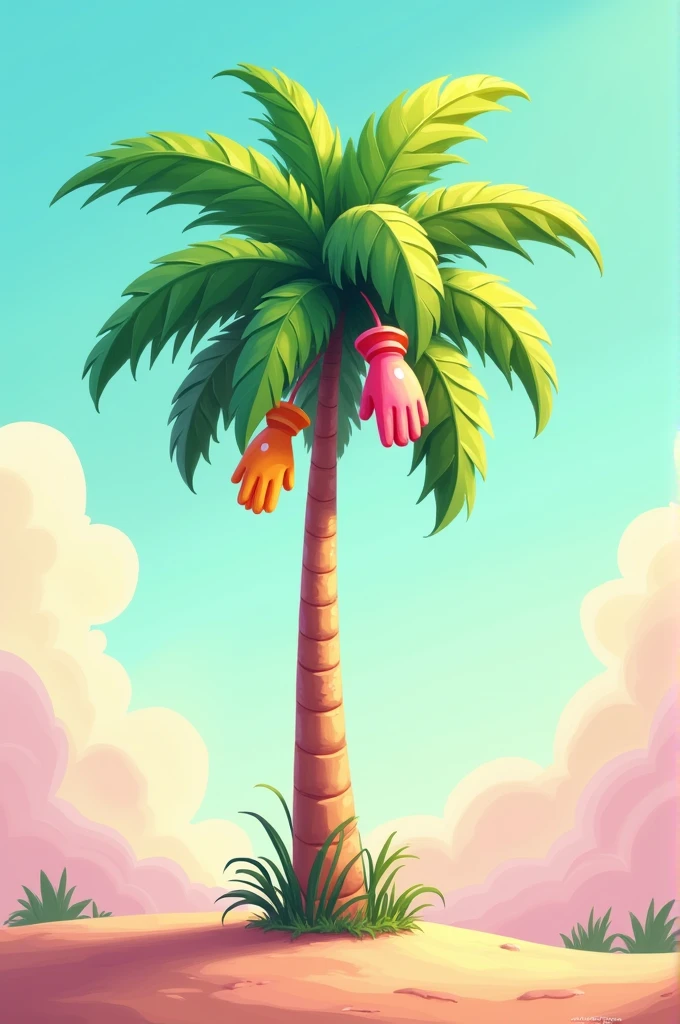 Palm tree in foreground with 2D style gloves