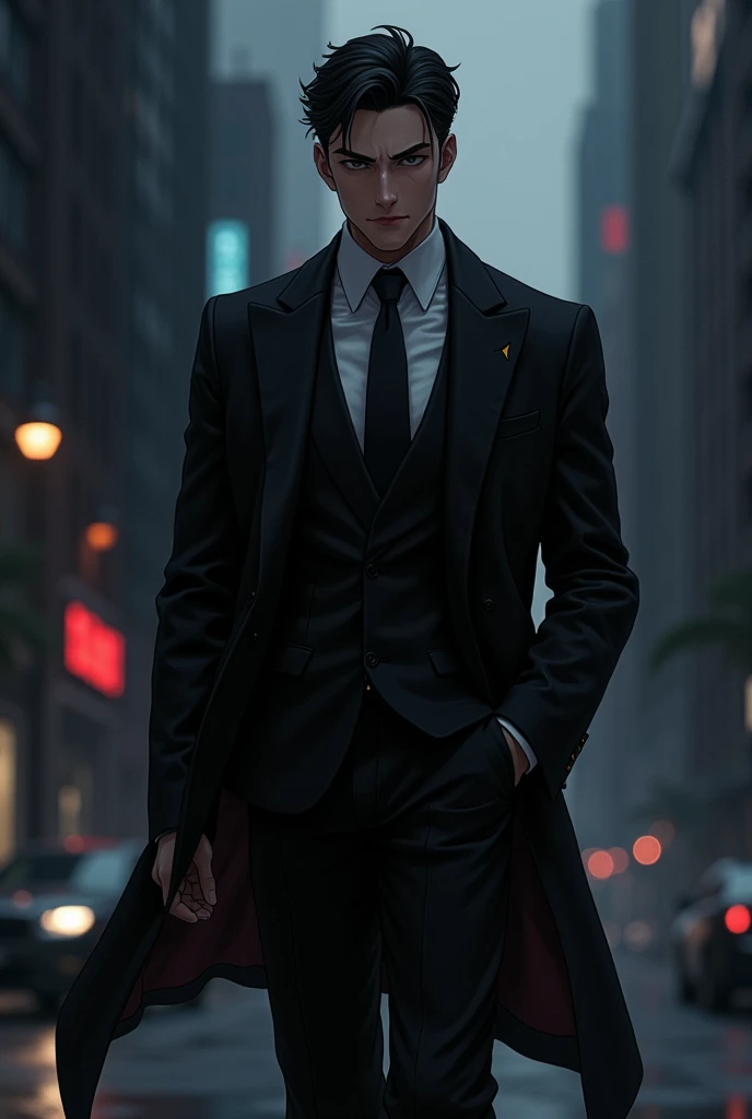 Anime manhwa billionaire handsome male dressed in black corporate. Dark background 

Genre urban, realistic, rebirth, romance 