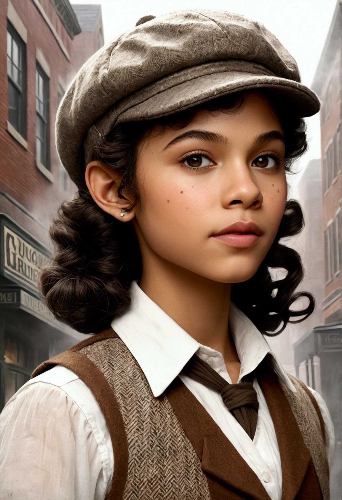 An illustrated movie poster, hand-drawn, full color, a teenage elven girl, wearing a tweed vest and a newsie cap, athletic hourglass figure, long pointy elf ears, dark hair, curly bob cut, warm almond skintone, freckles, resembles Zendaya, standing on a foggy victorian-era street corner, graphite shading, stencil marks, airbrushed acrylic paint, masterpiece, in the style of the Sherlock Holmes, elf ears