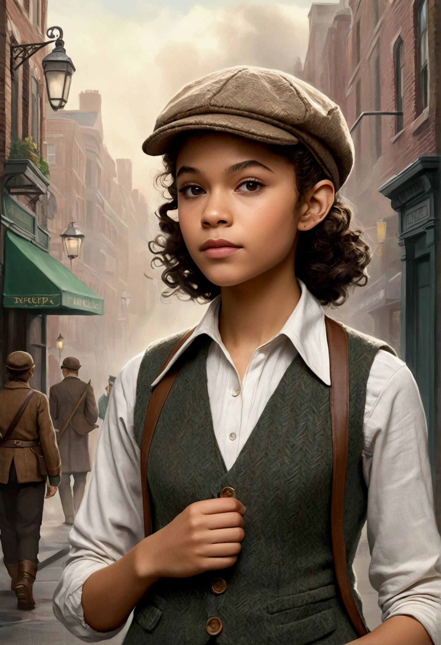 An illustrated movie poster, hand-drawn, full color, a teenage elven girl, wearing a tweed vest and a newsie cap, athletic hourglass figure, long pointy elf ears, dark hair, curly bob cut, warm almond skintone, freckles, resembles Zendaya, standing on a foggy victorian-era street corner, graphite shading, stencil marks, airbrushed acrylic paint, masterpiece, in the style of the Sherlock Holmes, elf ears