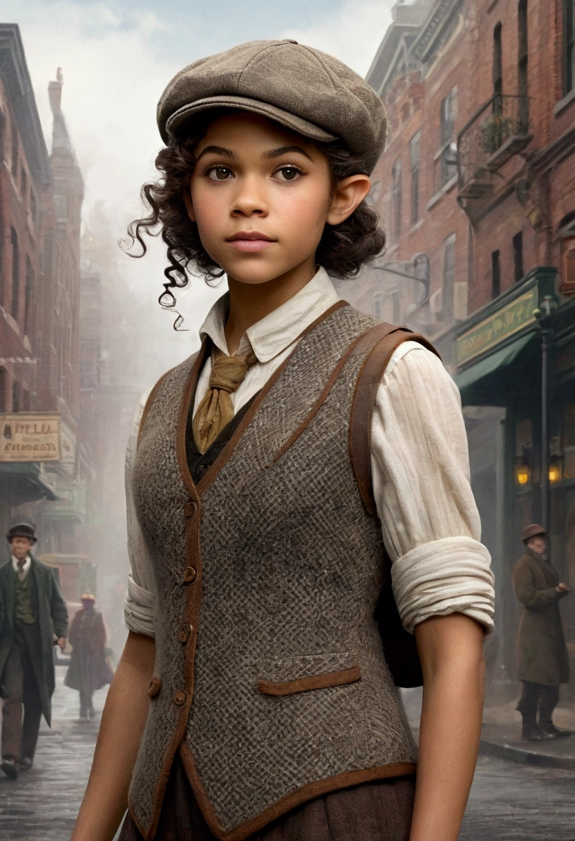 An illustrated movie poster, hand-drawn, full color, a age elven girl, wearing a tweed vest and a newsie cap, athletic hourglass figure, long pointy elf ears, dark hair, curly bob cut, warm almond skintone, freckles, resembles Zendaya, standing on a foggy victorian-era street corner, graphite shading, stencil marks, airbrushed acrylic paint, masterpiece, in the style of the Sherlock Holmes, elf ears