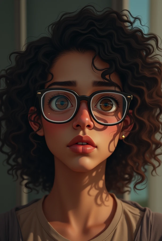 20 year old girl of mixed race, brown eyes and wears clear glasses. He has curly hair and is in a bad mood. She is one of the richest women