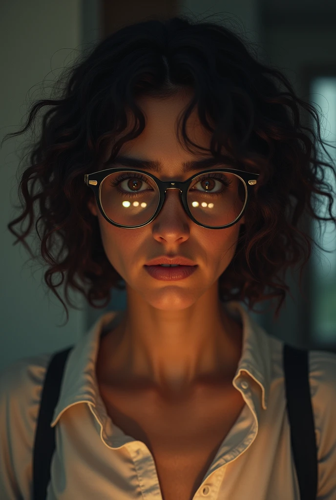 20 year old girl of mixed race, brown eyes and wears clear glasses. He has curly hair and is in a bad mood. She is one of the richest women