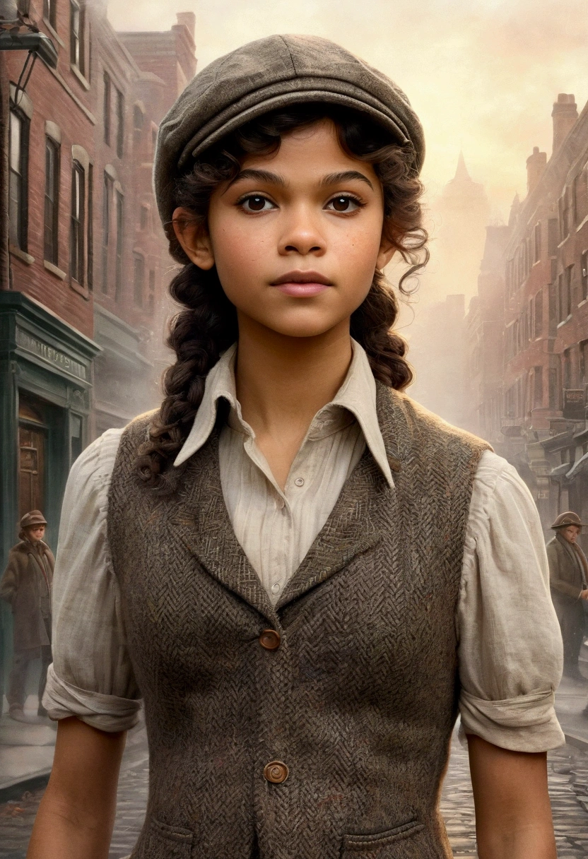 An illustrated movie poster, hand-drawn, full color, a teenage elven girl, wearing a tweed vest and a newsie cap, athletic hourglass figure, long pointy elf ears, dark hair, curly bob cut, warm almond skintone, freckles, resembles Zendaya, standing on a foggy victorian-era street corner, graphite shading, stencil marks, airbrushed acrylic paint, masterpiece, in the style of the Sherlock Holmes, elf ears