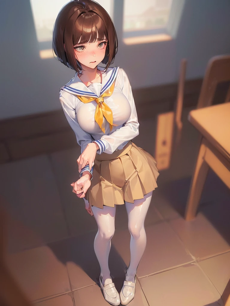 (((masterpiece, Highest quality, High resolution, 超High resolution, Pixel perfect, Written boundary depth, 4K, RTTX10.0))), Beautiful Anime Women, Beautiful art style, Anime characters, ((Smooth texture, Realistic texture, Anime CG style)), Exact finger count、Exact number of legs、(Exact number of arms:1.0, Exact number of hands:1.0), (Perfect hands, Perfect Anatomy), Cinematic, Realistic, Highly detailed CG, Daytime lighting, Perfect lighting, Best Shadow, The best natural light, whole body, Perfectly balanced style, Perfectly balanced body, (Slender body:1.2), whole body, ((bangs, Dark brown hair, Stylish and cute bob cut)), ((Beautiful woman standing with her legs crossed, holding her skirt:1.3)), (Fashionable white shirt, Sailor collar, Beige pantyhose, White socks,loafers, Navy pleated mini skirt:1.3), (Beautiful big boobs:1.1), ((Embarrassed expression:1.4), blush, (Sexual pleasure expression, Fun expression:1.4), (Patient look:1.3), (look up, mouth half open, Eyes half closed:1.1), Limits of patience), (In the school classroom:1.3), (Pussy juice:1.4), Angle from the front, remote_Vibrate