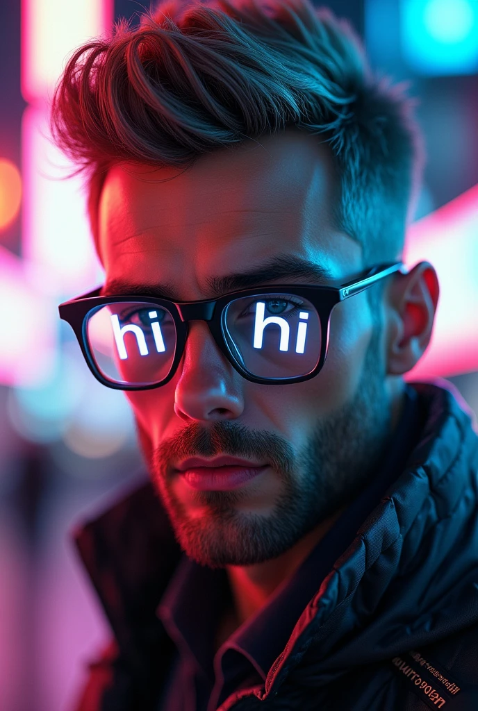 A handsome man with futuristic glasses that say "HI" on each lens, beard brown and gray, chestnut hair with gray. hairdeep beautiful detailed eyes, beautiful detailed, extremely detailed face, long eyelashes, elegant hairstyle, cyberpunk, neon city background, glowing holographic interface, cinematic lighting, vibrant colors, 8k, high quality, photorealistic a futuristic screen with facebook profile in the background