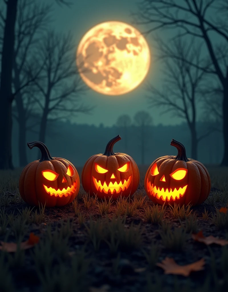 Three pumpkins in a dark field, eyes and mouth lit up, full moon