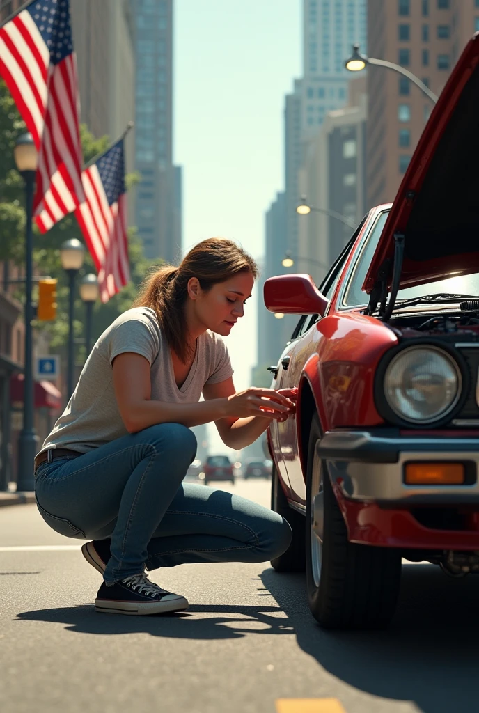 Realistic woman in the middle of a street in the United States with American flags with a mechanical failure in a vehicle checking it