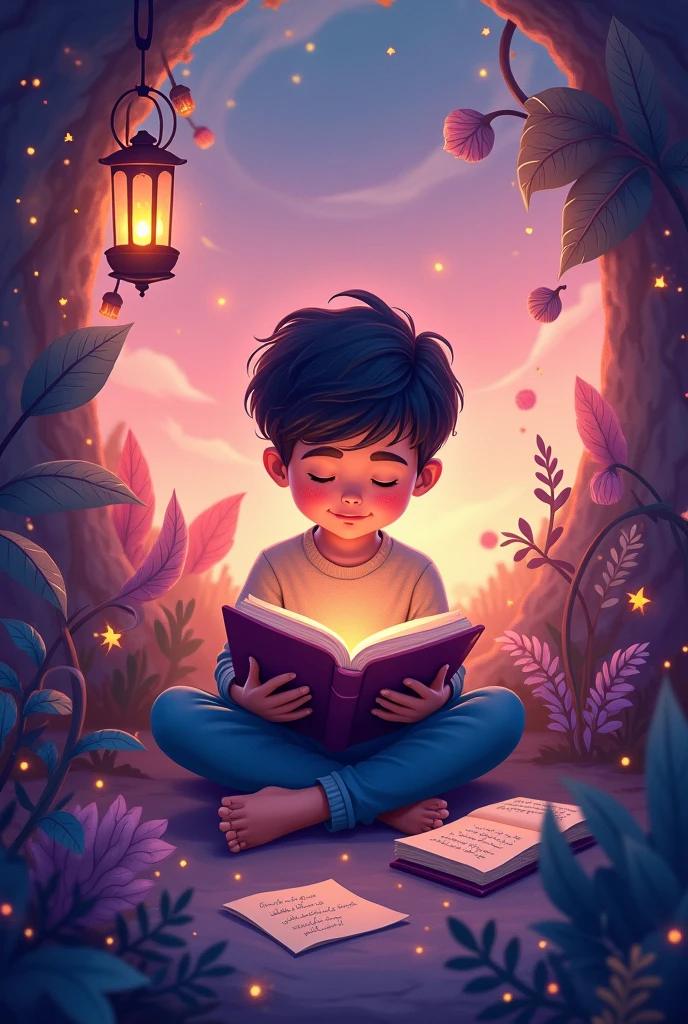 Create a captivating and whimsical illustration for a storytelling website using shades of pink and purple. Feature a boy deeply absorbed in reading a book, seated in a cozy, magical corner filled with floating, glowing pages and gentle sparkles. The background should have a dreamy gradient of pink and purple, with soft, ambient lighting. Add fantasy elements such as a swirling night sky with constellations, a floating lantern casting a warm glow, and lush, mystical plants. The overall atmosphere should be inviting and imaginative, perfect for a storytelling setting."