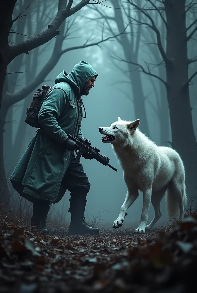 The Doctor skin from cs2 killing a wolf with blue eyes and white fur in the middle of a dark forest