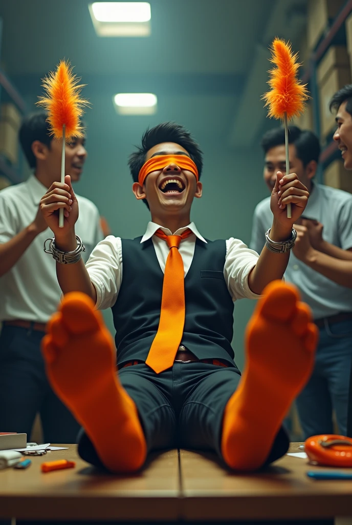 Malaysia malay handsome 20 years student 
He laugh very hard
His hand tied up  in warehouse 
Blindfolded
Hand handcuff
Black vest orange tie
Focus feet on desk
feather duster on desk
Take off shoes on desk 
Orange stinky sock
2 man holding feather  duster 
