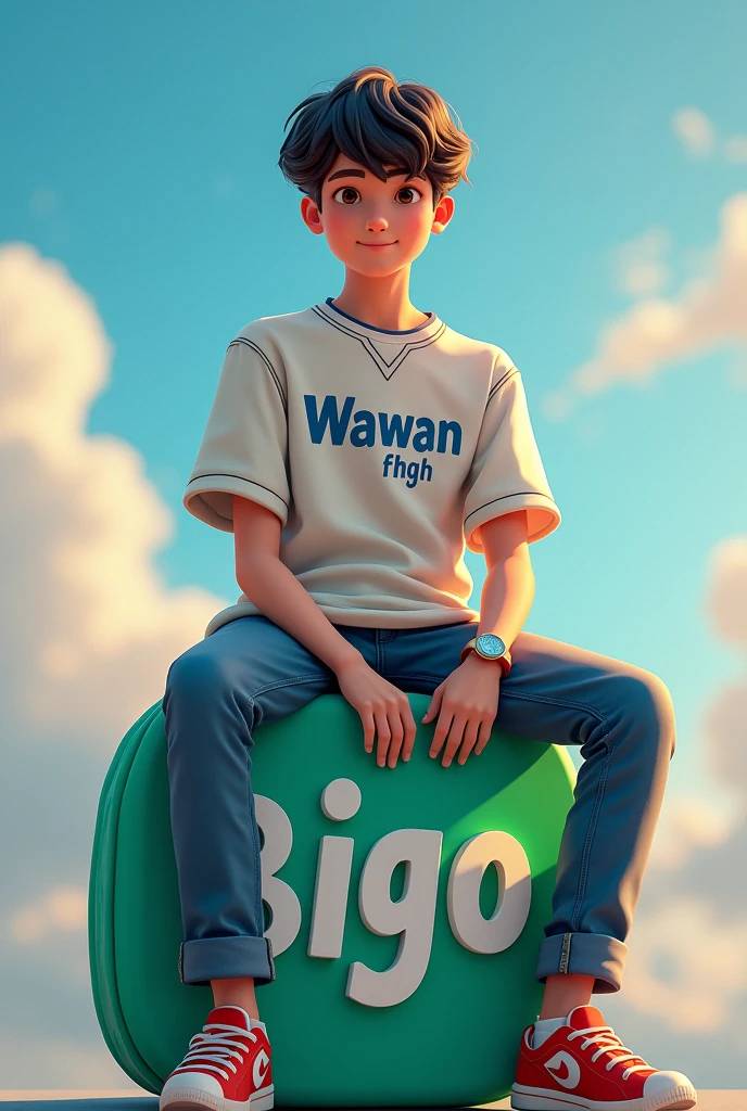 Teenage boy sitting on the bigo logo, casually on top of the logo, The character must wear a shirt with the name Wawan on it. Background image of social media profile page with username wawan fhgh