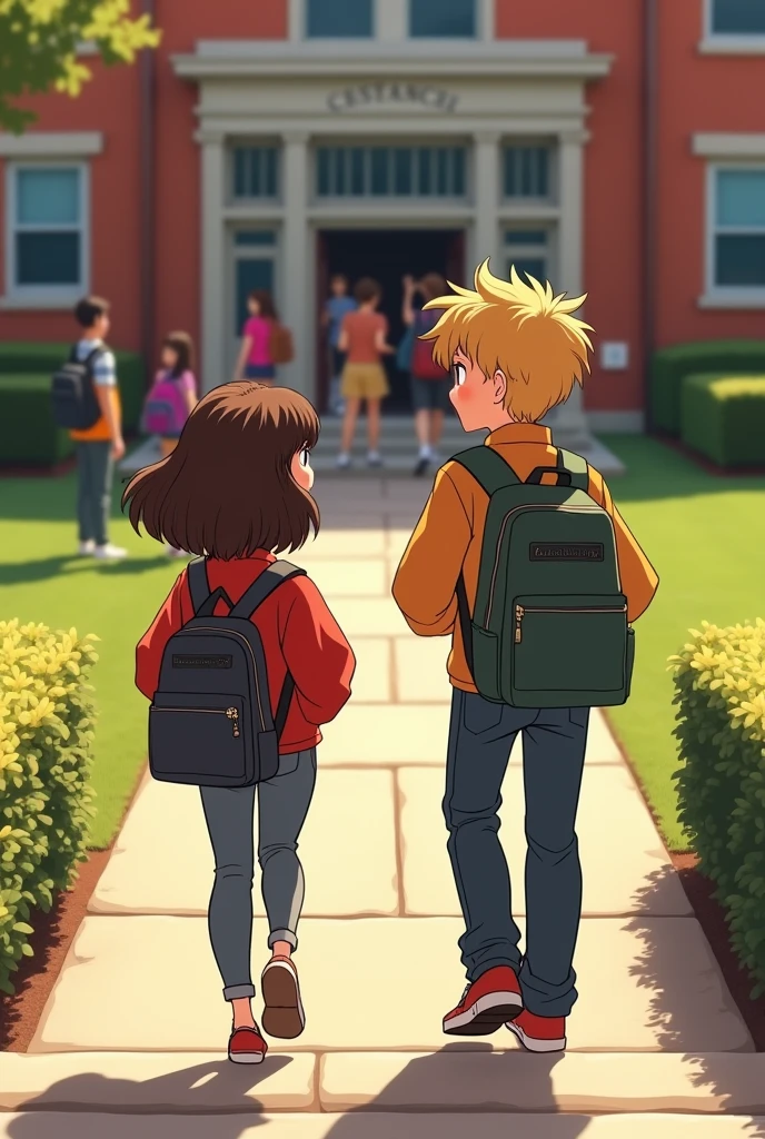 Maria and Lucas arrive at school together, discussing the latest neighborhood news.