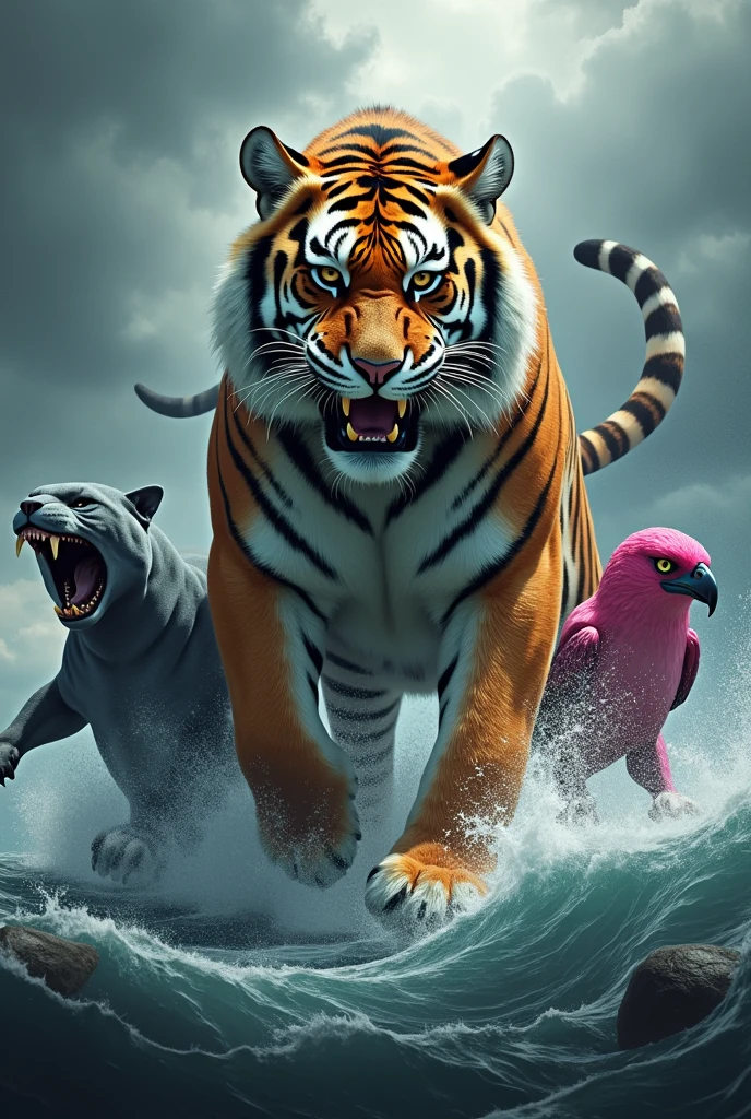 Tiger defeating a shark a panther and a pink hawk