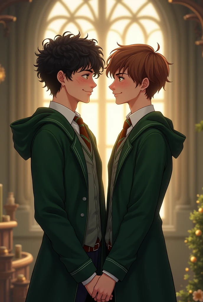 Gay couple + beautiful + Victorian era + hogwarts + Slytherin one boy with black curly hair + brown eyes + scar across left eye + tall + handsome + Korean + Irish + other boy with brown hair + brown eyes + freckles + slightly shorter + Scottish + Slytherin + in love + holding hands + both boys + wholesome + hogwarts uniform + anime art style 