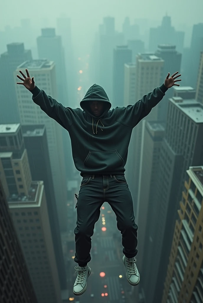 Man in hoodie rapper clothes falling from the sky in coats to the ground in a raining city seen from above 
