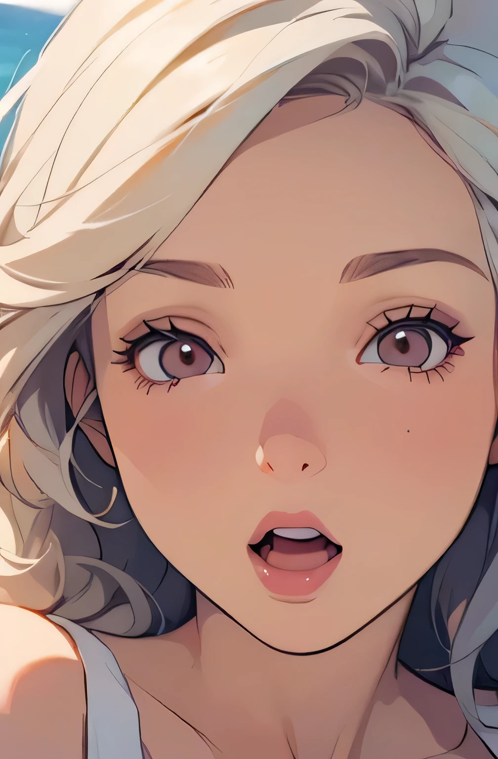 ((high quality colour line art)), (highly detailed), ((cute girl face)), (naked), necklace, (((sunny beach))), ((pale skin)), (((anatomically correct))), (long white hair), (((chubby))), (singing), ((close-up)), (breasts)