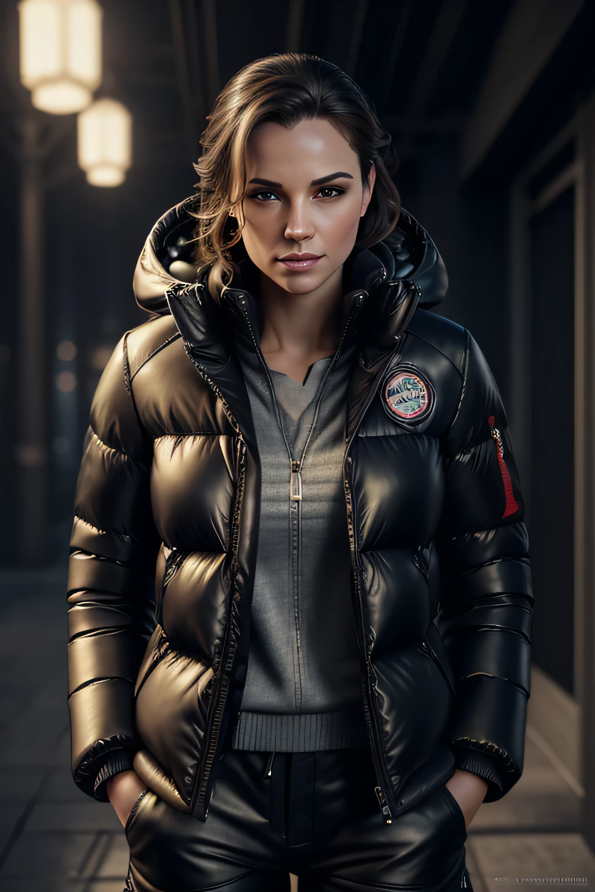 photorealism, full body, a young woman, puffer down jacket & pants, leather, beautiful realistic eyeantastic face, beautiful look, Michael Garmash, Daniel F Gerhartz, Storybook style, warm dreamy lighting, white background, volumetric lighting, pulp adventure style, fluid acrylic, dynamic gradients, vivid color, illustration, highly detailed vector curves, , smooth and clean, vector art, smooth, Johan Grenier, character design, 3d shading, cinematic, ornate patterns, elegant organic framing, hyperrealism, posterized, collection of masterpieces, lush vivid colors, twilight, wet gouache
