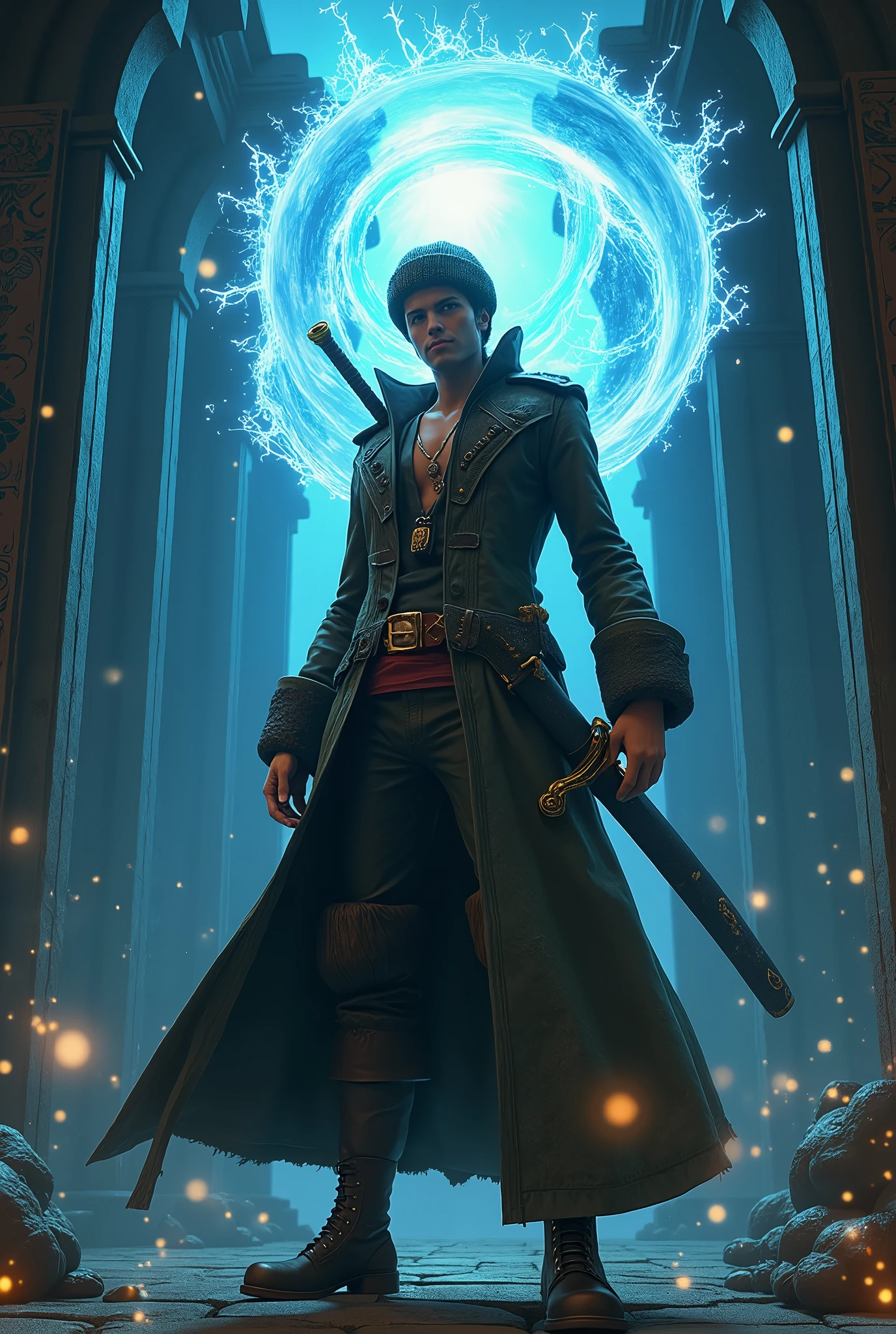a highly detailed and realistic 3D render of trafalgar law from one piece wearing a knit hat, long coat, and carrying a long sword, using magic to manipulate the room around him, octane render, photorealistic, surreal, 8k, masterpiece, extremely precise, hyper-detailed skin, hyper-realism, extremely detailed