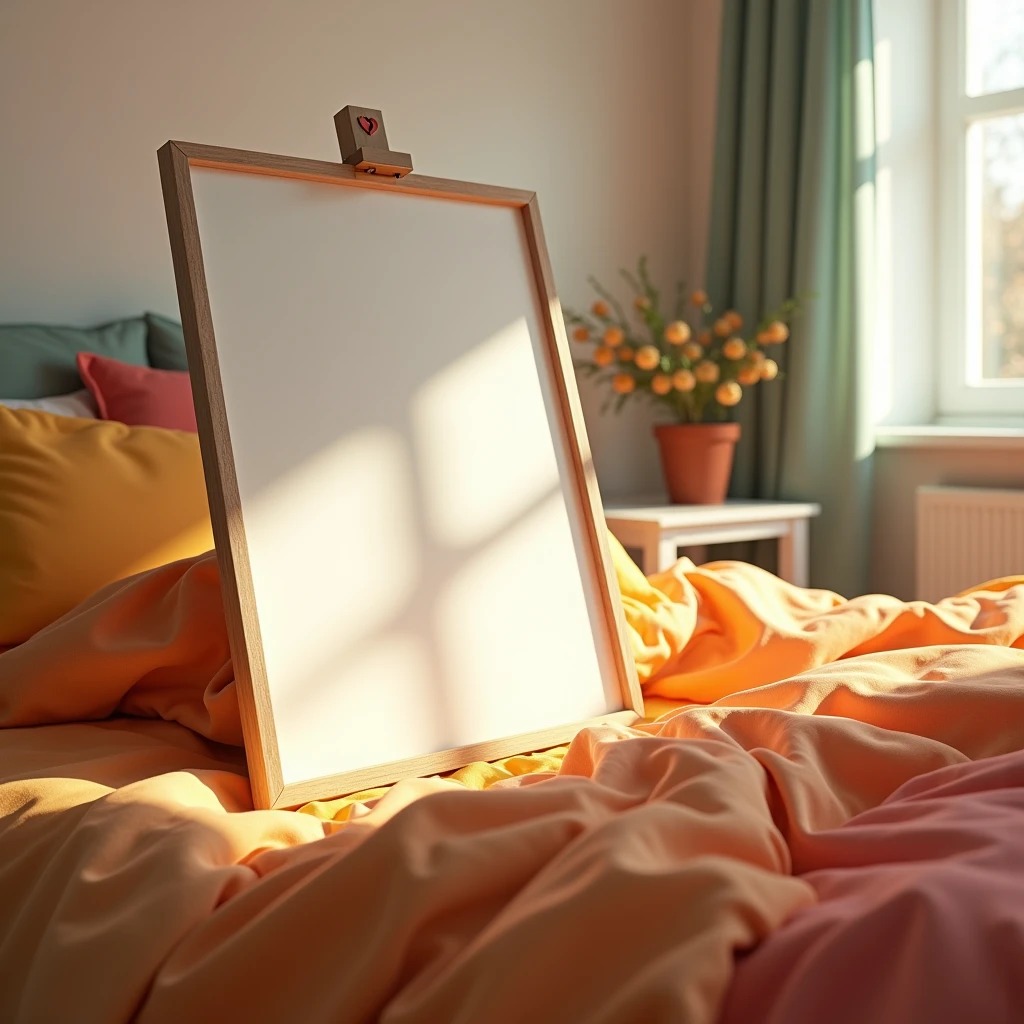 A hyper-realistic HDR bedroom scene with a serene yet vibrant atmosphere. The focus is on a vertical A4 frame with a blank white canvas, placed on a nightstand beside a cozy, well-lit bed. The bed is dressed in bright, colorful linens that complement the cheerful tones of the room. Morning light pours through the windows, filling the space with warmth and casting gentle shadows on the blank canvas. The overall feeling is one of comfort and creativity, inviting personal touches in this bright and peaceful bedroom.