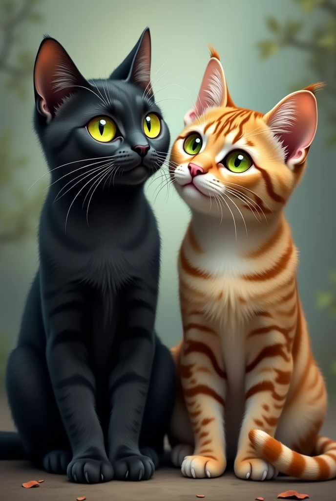 A black cat and a lead tabby cat, both with greenish-yellow eyes of the same size.
