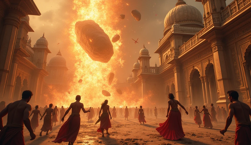 Stones as big as houses and flames and swords fall from the sky down to the Indian royal palace, men and women run in fear, some lying on the ground, some crying, some raising their hands Salutation