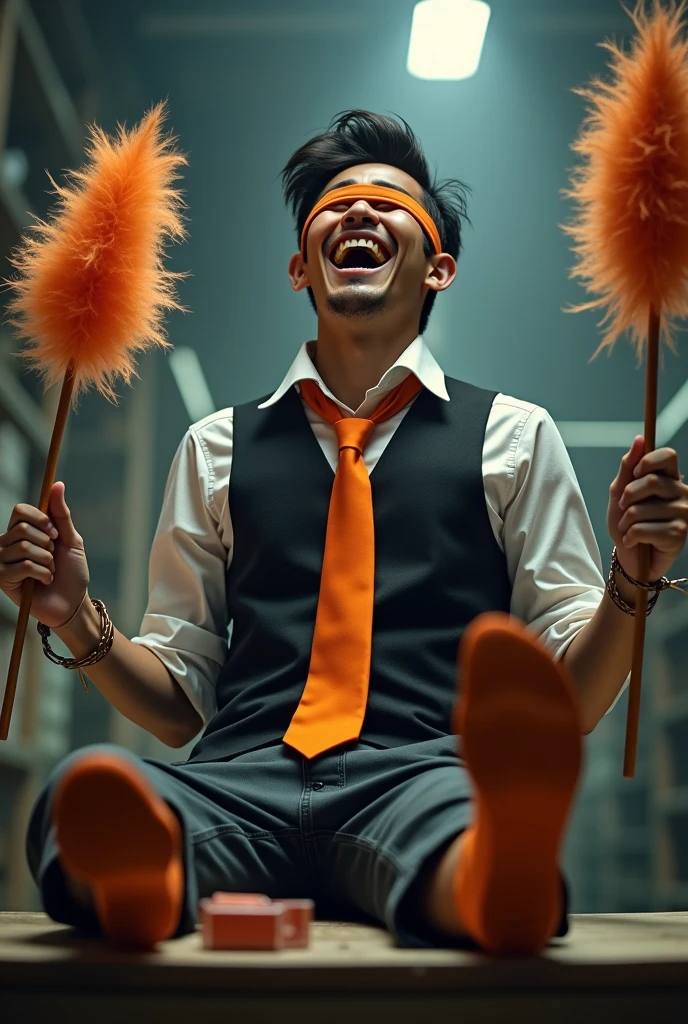 Malaysia malay handsome 20 years student
He laugh very hard
His hand tied up in warehouse
Blindfolded
Hand handcuff
Black vest orange tie
Focus feet on desk
feather duster on desk
Take off shoes on desk
Orange stinky sock
2 man holding feather duster
