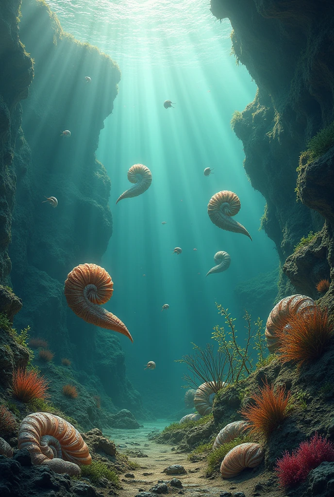 marine paleo-basin within a volcanic arc with ammonites, bivalves, algae and plankton