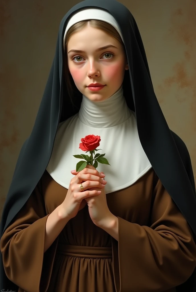 realistic image of St. Thérèse she is a young Carmelite nun with a serene and gentle gaze, she is often depicted wearing the Carmelite habit which consists of a long brown dress and a white scapular, the dress covers her feet, she holds a rose, she is depicted with a contemplative expression, reflecting her deep spirituality and communion with God she is on average