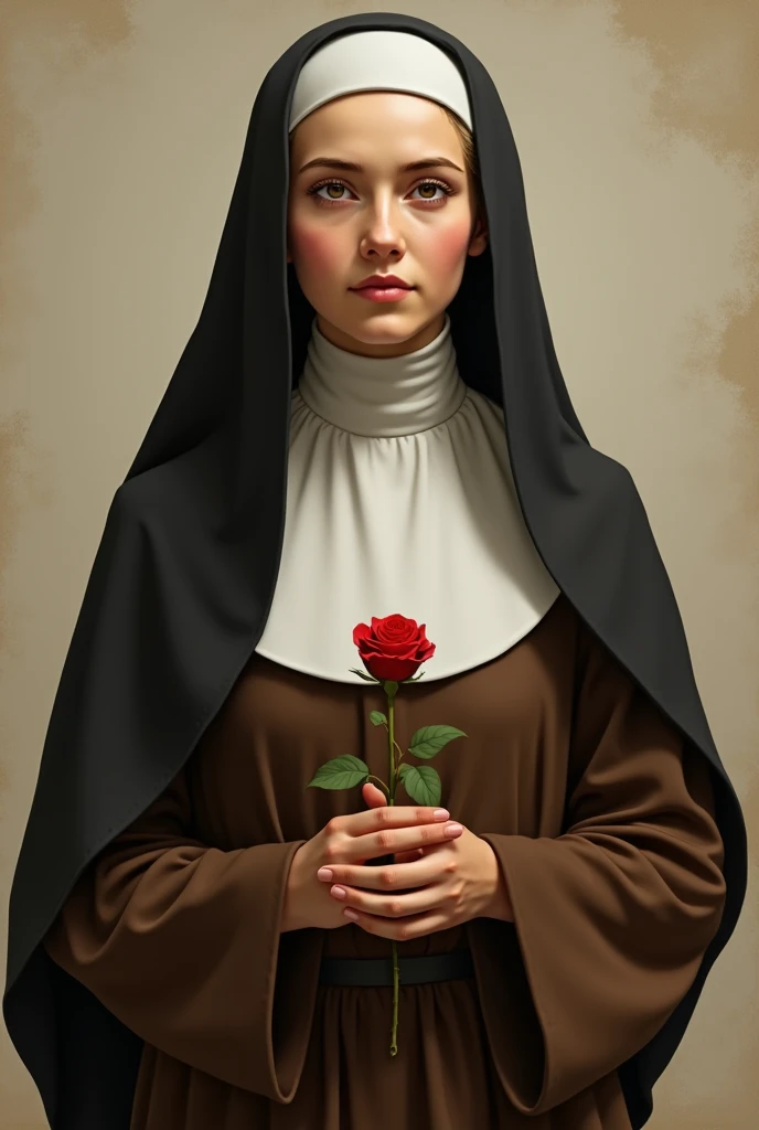 realistic image of St. Thérèse she is a young Carmelite nun with a serene and gentle gaze, she is often depicted wearing the Carmelite habit which consists of a long brown dress and a white scapular, the dress covers her feet, she holds a rose, she is depicted with a contemplative expression, reflecting her deep spirituality and communion with God she is on average
