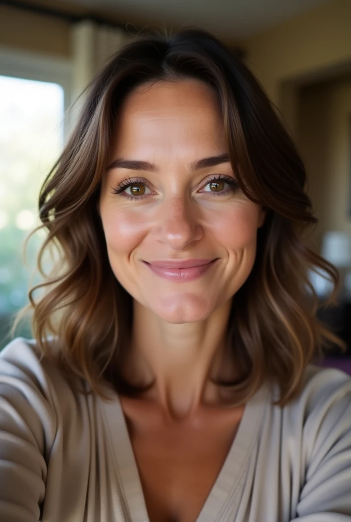 Generate a full face selfie of a 40 year old lady with a brown hair during the morning time in her room