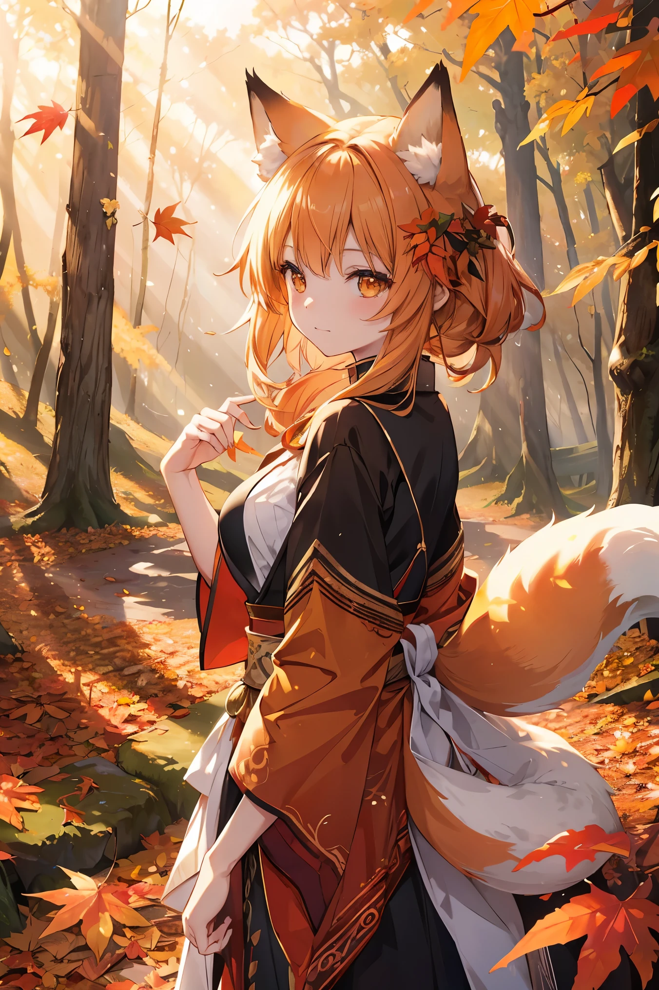 autumn leaves, Fox Girl, Detailed fox ears and tail, Vibrant colors, Realistic atmosphere, Breeze, wood々Sunlight shining through the gaps, Golden Leaf, Playful expressions, Quiet environment, Soft lighting, Fantasy Style, Fallen leaves, Warm earth tone, Forest Background
