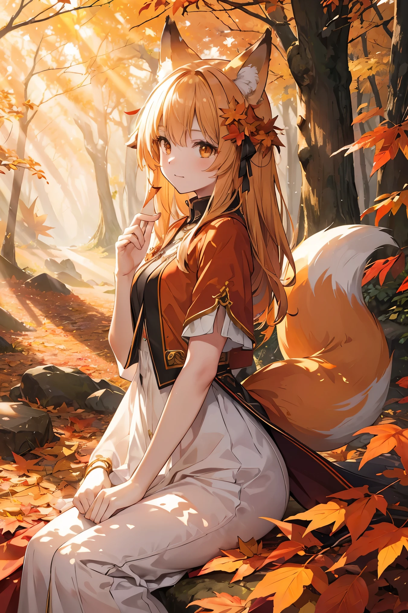 autumn leaves, Fox Girl, Detailed fox ears and tail, Vibrant colors, Realistic atmosphere, Breeze, wood々Sunlight shining through the gaps, Golden Leaf, Playful expressions, Quiet environment, Soft lighting, Fantasy Style, Fallen leaves, Warm earth tone, Forest Background